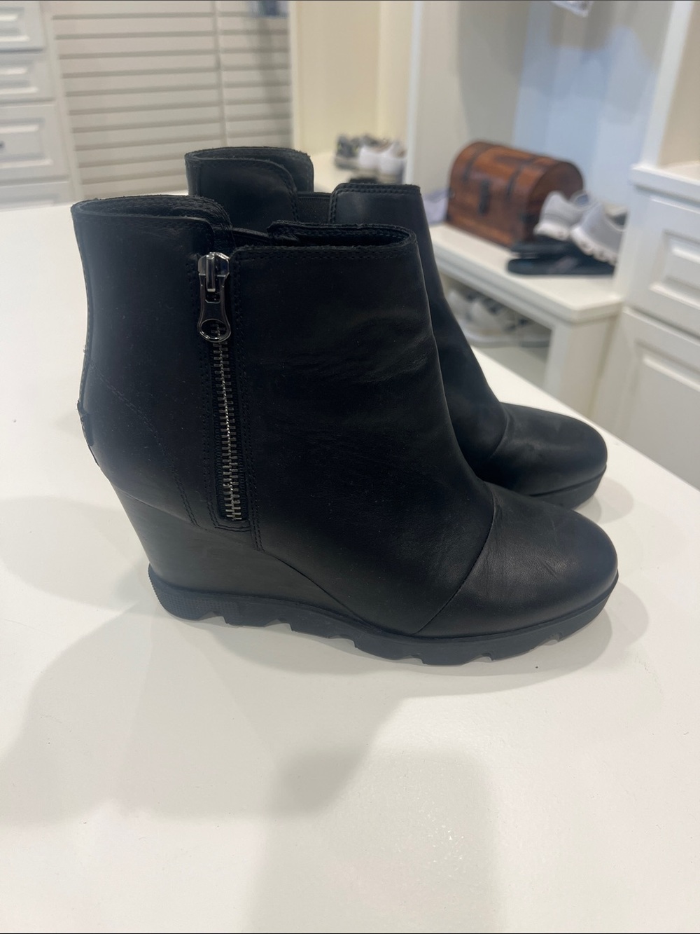 Sorel Black Wedge Ankle Booties with Side Zip Detail